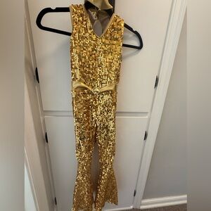 Girls Gold Sequin 70’s Dance Jumpsuit Costume for Jazz or Acro Size Large EUC